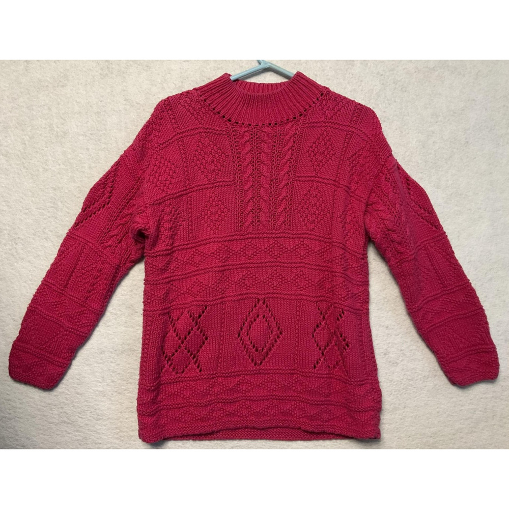 Worthington Sweater‎ Womens Small Pink Cable Knit Mock Neck Ramie Eyelet Diamond